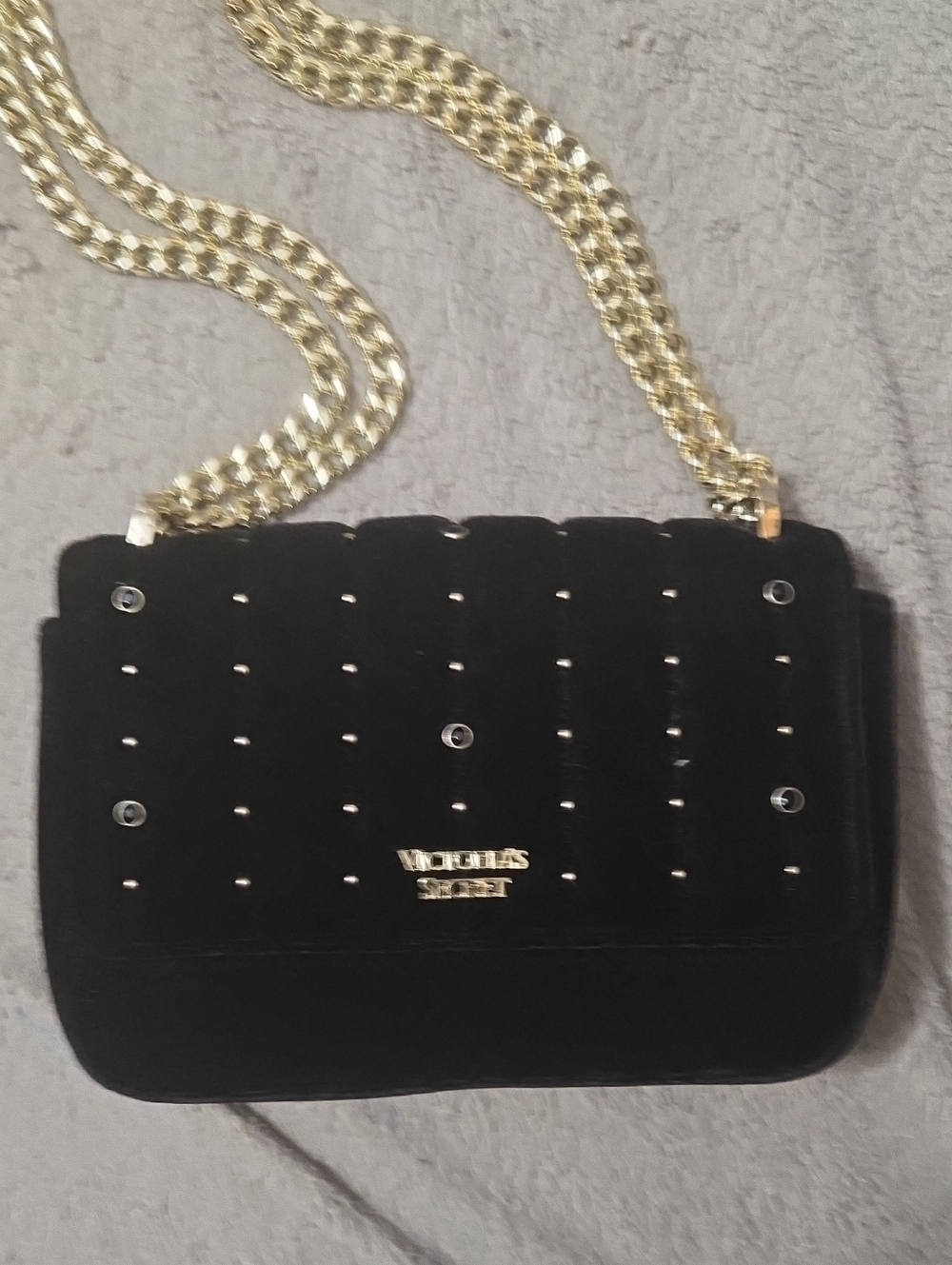 Victoria's Secret Black Velvet Studded Shoulder Flap Bag with Heavy Gold Chain.